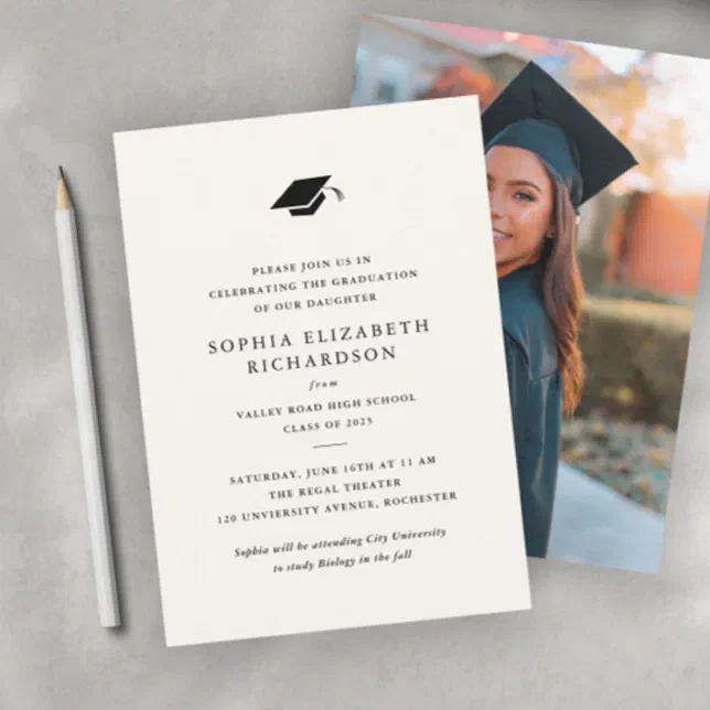 Simple Classic Black and White Photo Graduation Invitation | Zazzle