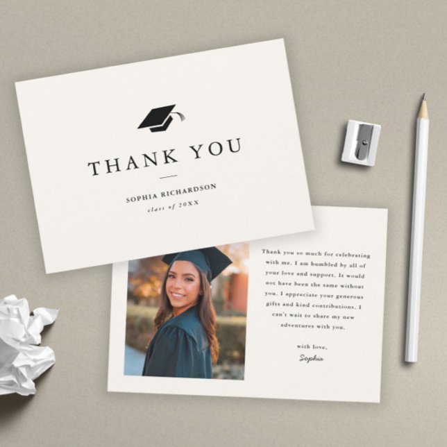 Simple Classic Black and White Photo Graduation  Thank You Card (Simple black and white graduation photo thank you card.)