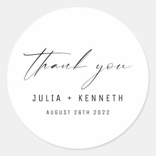 Simple Classic Black and White Wedding Thank You Classic Round Sticker