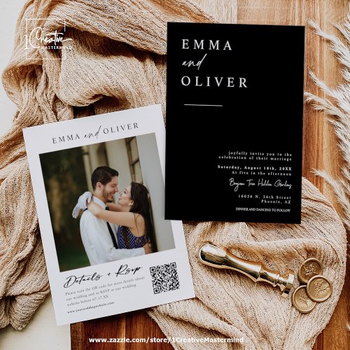 Simple Classic Black Minimal Wedding Photo QR Code Invitation