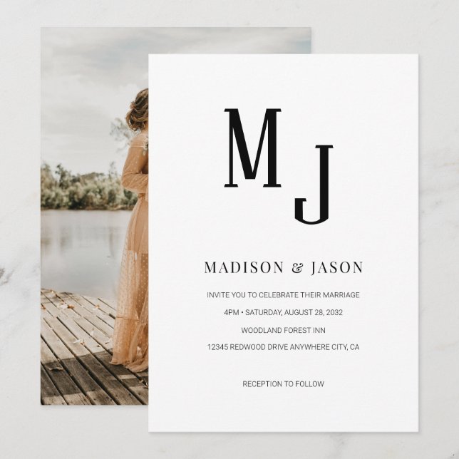 Simple Classic Black Roman Monogram Photo Wedding Invitation (Front/Back)