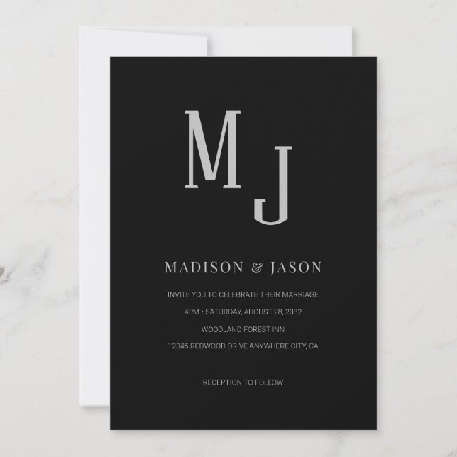 Simple Classic Black Silver Monogram Wedding Invitation (Front)