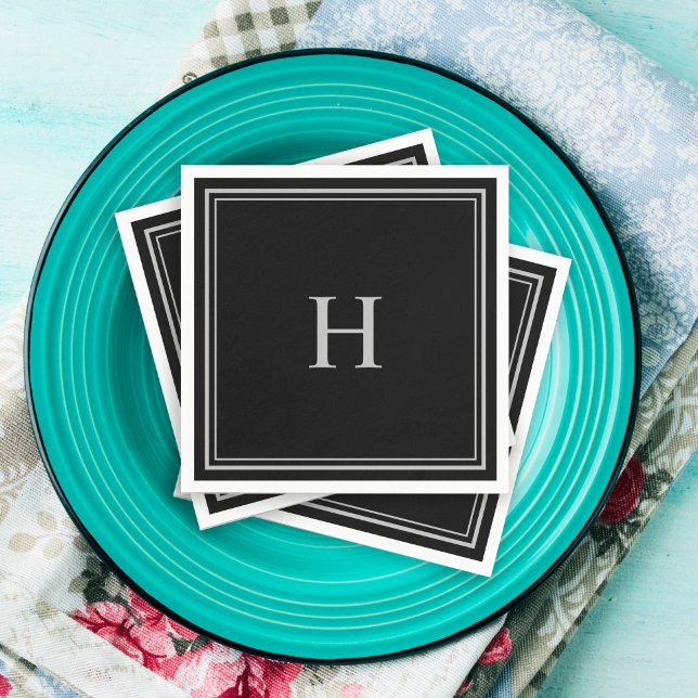 Simple Classic Black with Gray Monogram Napkins (Personalize this custom black cocktail napkin with your monogram initial.)