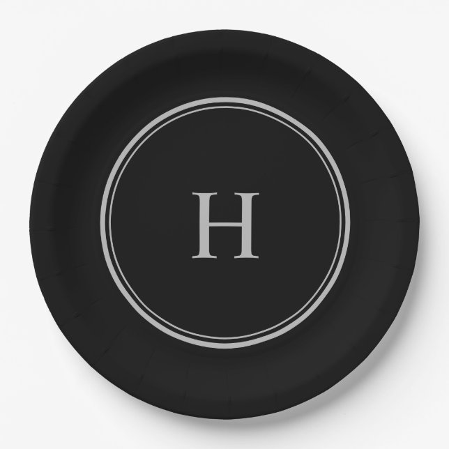 Simple Classic Black with Gray Monogram Paper Plates (Front)
