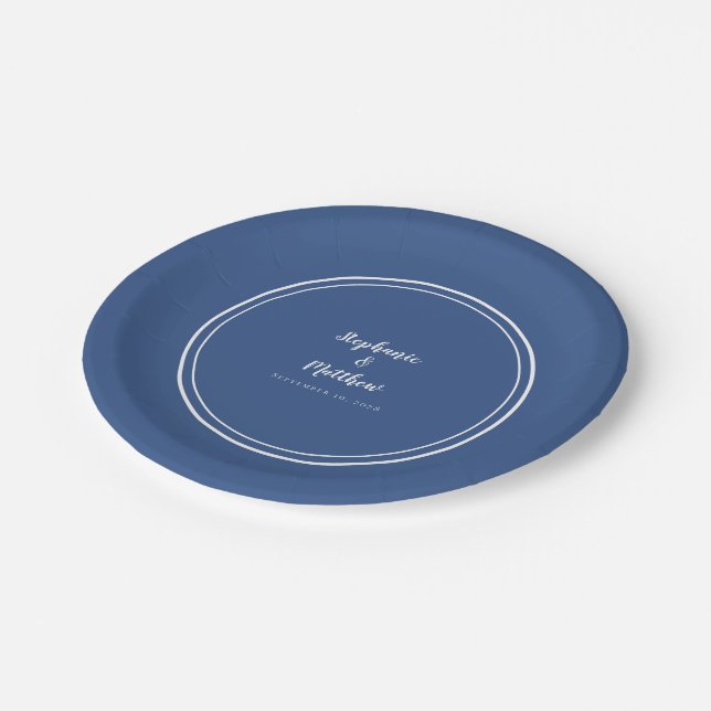 Simple Classic Blue Modern Bride & Groom Wedding Paper Plates (Angled)