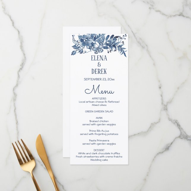 Simple Classic Blue, White Floral Wedding Menu (Front/Back In Situ)