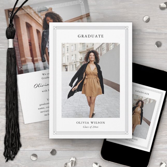 Simple Classic Border 2 Photo Elegant Graduation Announcement (Creator Uploaded)