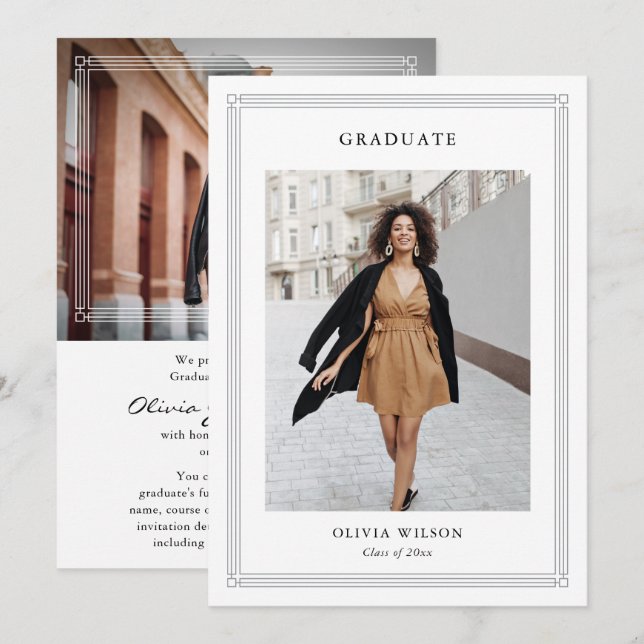 Simple Classic Border 2 Photo Elegant Graduation Announcement (Front/Back)