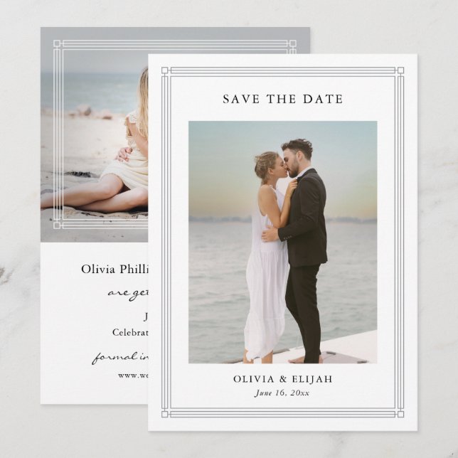 Simple Classic Border 2 Photo Elegant Wedding Save The Date (Front/Back)