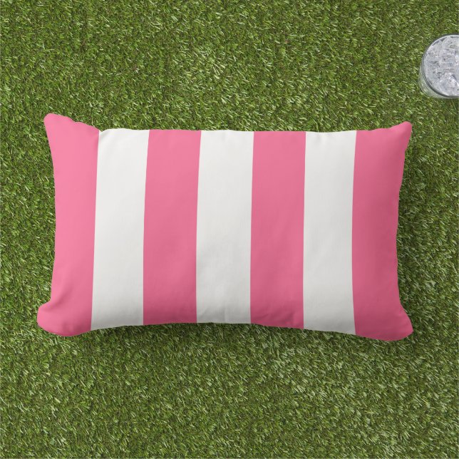 Simple Classic Bright Pink Cabana Stripes Lumbar Pillow (Grass)