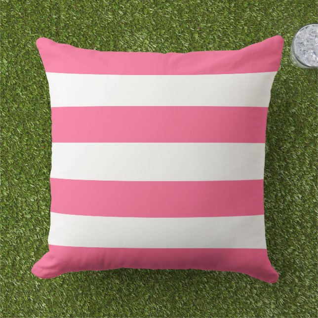 Simple Classic Bright Pink Horizontal Stripes Outdoor Pillow (Grass)