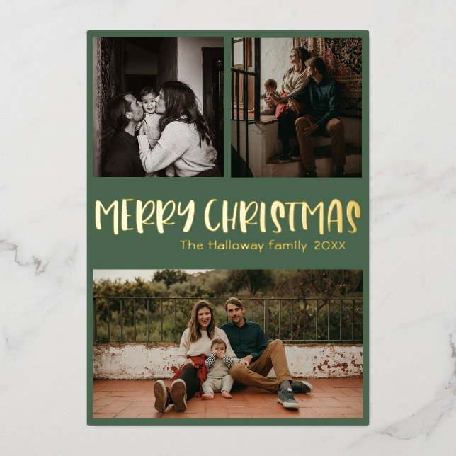 Simple Classic Christmas Green Three Photo Gold Foil Holiday Card (Front)