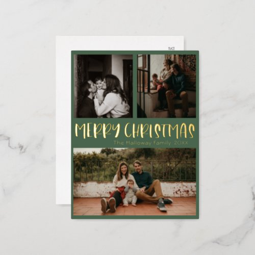 Simple Classic Christmas Green Three Photo Gold Foil Holiday Postcard