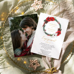 Simple Classic Christmas Photo Engagement Party Invitation<br><div class="desc">This simple classic Christmas photo engagement party invitation features a clean, bright white backdrop with simple, minimalist black and gold lettering and handwritten calligraphy accents. Embellishments of beautiful and classic green and red Christmas wreaths with delicate gold features create a perfect winter holiday aesthetic while maintaining a polished elegance for...</div>