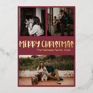 Simple Classic Christmas Red Three Photo Gold Foil Holiday Card