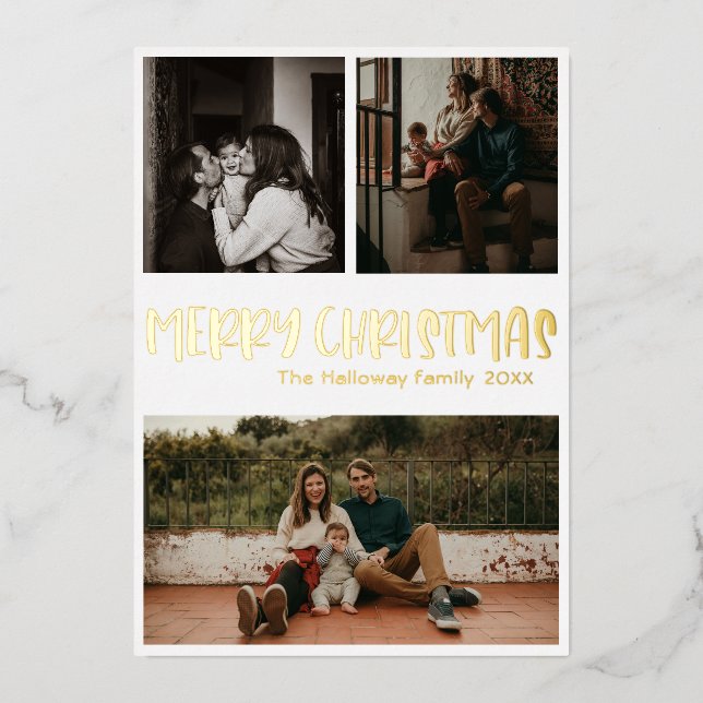 Simple Classic Christmas Three Photo Gold Foil Holiday Card (Front)