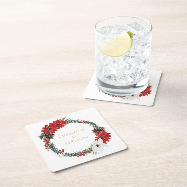 Simple Classic Christmas Wedding Square Paper Coaster (Insitu)