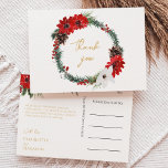 Simple Classic Christmas Wedding Thank You Postcard<br><div class="desc">This simple classic Christmas wedding thank you postcard features a clean, bright white backdrop with simple, minimalist black and gold lettering and handwritten calligraphy accents. Embellishments of beautiful and classic green and red Christmas wreaths with delicate gold features create a perfect winter holiday aesthetic while maintaining a polished elegance for...</div>