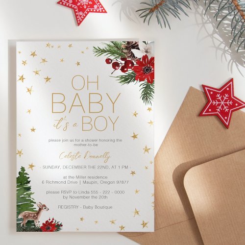 Simple Classic Christmas White Oh Baby Boy Shower Invitation