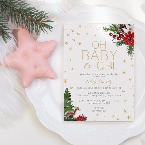 Simple Classic Christmas White Oh Baby Girl Shower Invitation