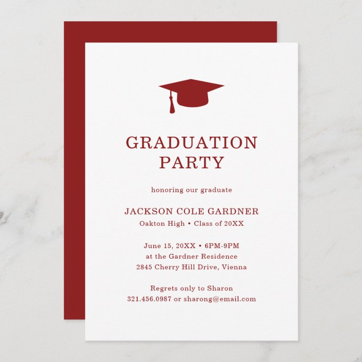 Simple Classic Dark Red and White Graduation Party Invitation | Zazzle