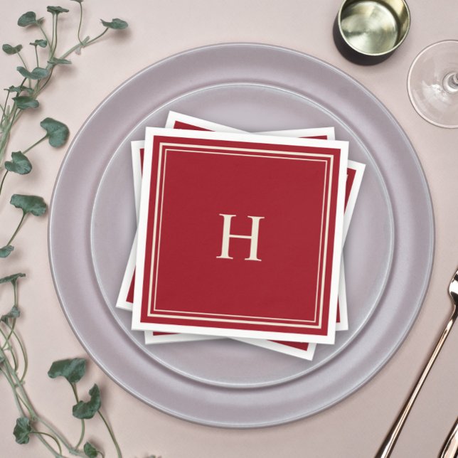 Simple Classic Elegant Cranberry Red with Monogram Napkins (A custom cocktail napkin to personalize with your monogram initial.)