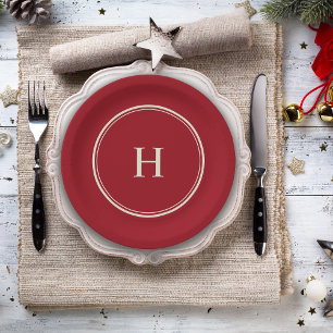 Simple Classic Elegant Monogram on Cranberry Red Paper Plates