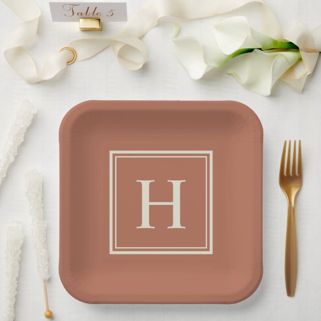 Simple Classic Elegant Monogram on Terracotta Paper Plates (Wedding)