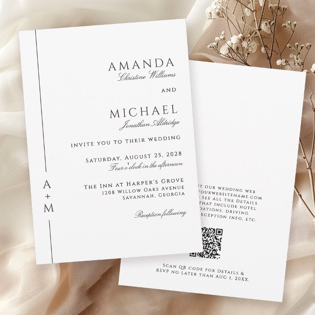 Simple Classic Elegant Monogram QR code Wedding Invitation (Available in both printed and instant download digital formats.)