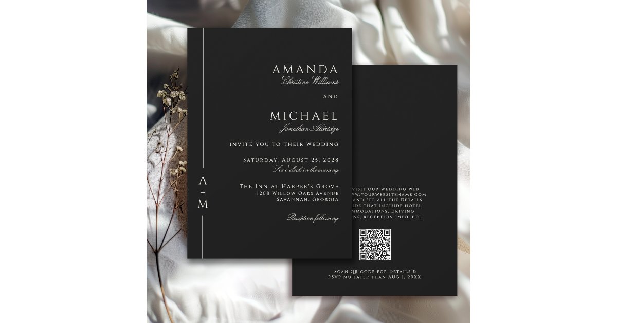 Simple Classic Elegant Monogram QR code Wedding Invitation