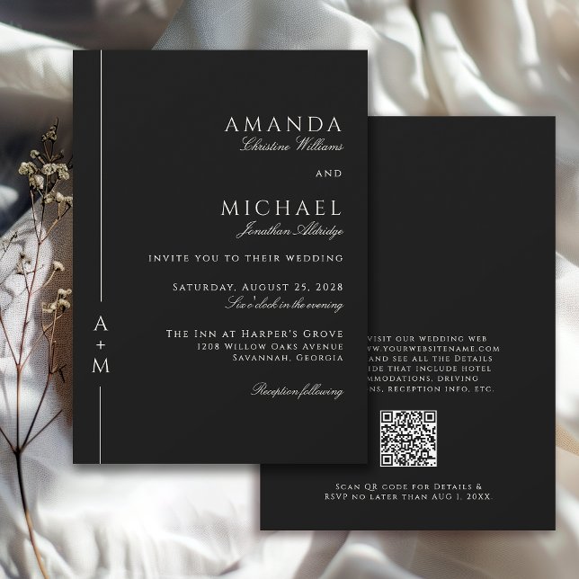 Simple Classic Elegant Monogram QR code Wedding Invitation (Available in both printed and instant download digital formats.)