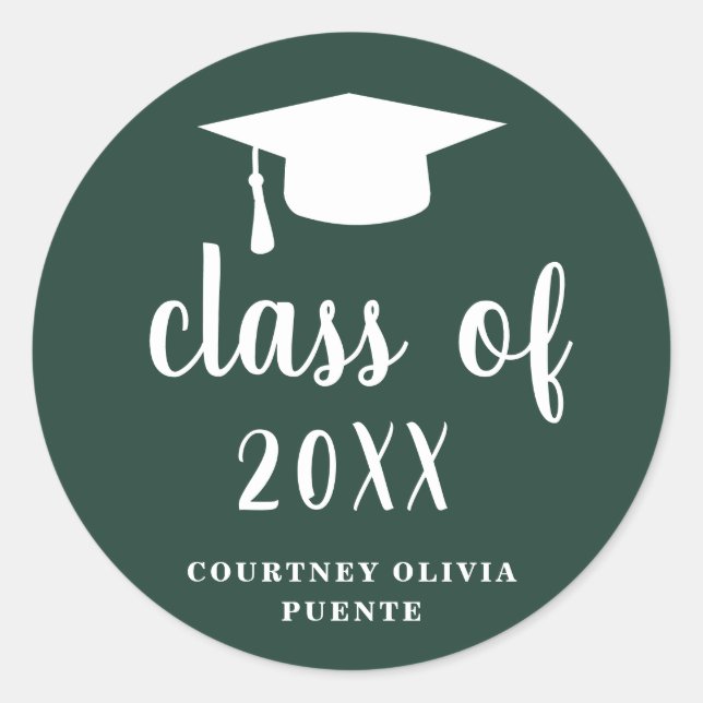 Simple Classic Forest Green White Graduation Cap Classic Round Sticker (Front)