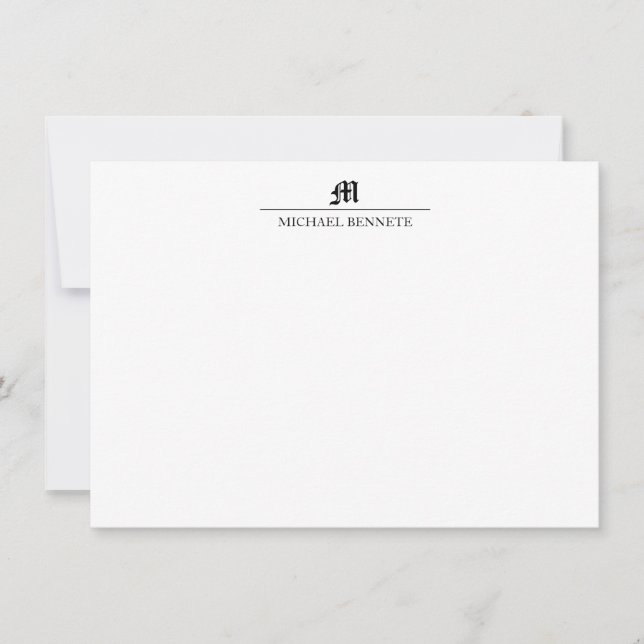 Simple Classic Gothic Line Monogram Black Note Card (Front)