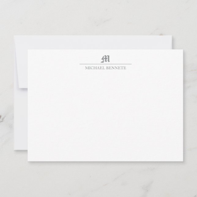 Simple Classic Gothic Line Monogram Metallic Gray Note Card (Front)