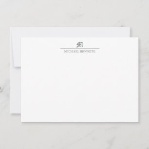 Simple Classic Gothic Line Monogram Metallic Gray Note Card