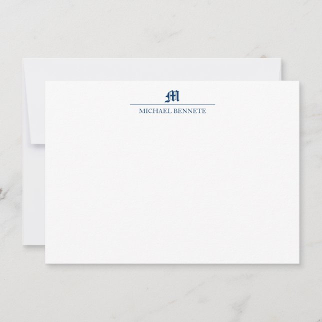 Simple Classic Gothic Line Monogram Navy Blue Note Card (Front)