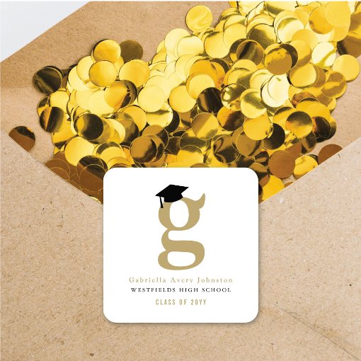 Simple Classic Grad Monogram Modern Graduation Cap Square Sticker | Zazzle