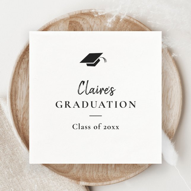Simple Classic Graduation  Napkins (Modern Handwritten Black and White Cap Graduation Party Napkins.)