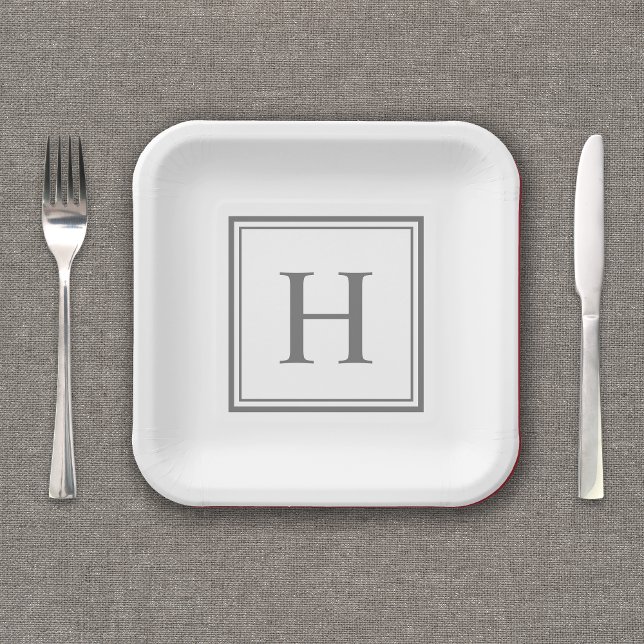 Simple Classic Gray Monogram on White Paper Plates (Personalize this party plate with your monogram initial.
)