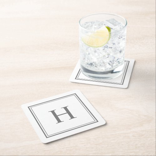 Simple Classic Gray Monogram on White Square Paper Coaster