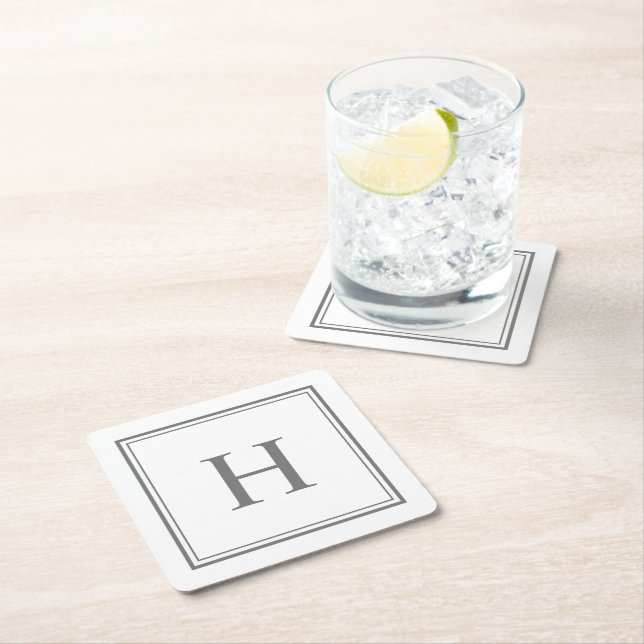 Simple Classic Gray Monogram on White Square Paper Coaster (Insitu)