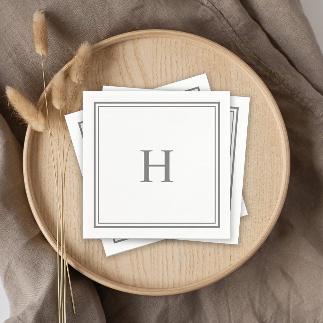 Simple Classic Gray Monogram with Border Napkins (Custom cocktail napkins to personalize with your monogram initial.)