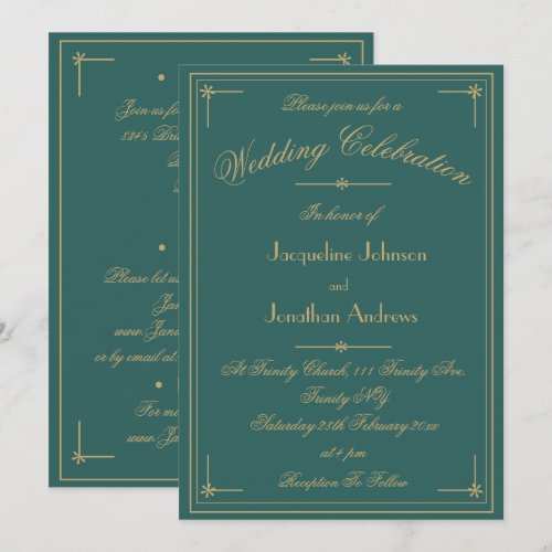 Simple Classic Green & Gold All In One Wedding Invitation