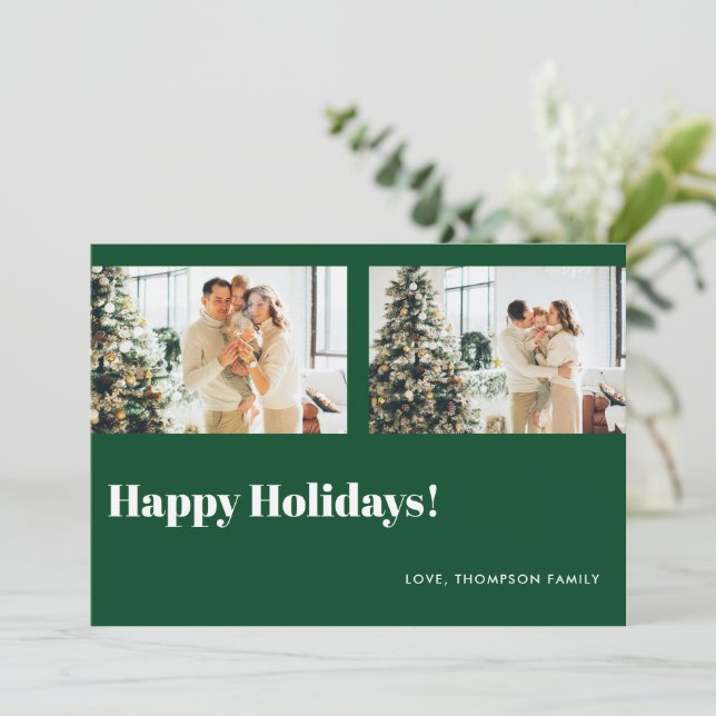 Simple Classic Green Photo Happy Holidays Holiday Card (Standing Front)
