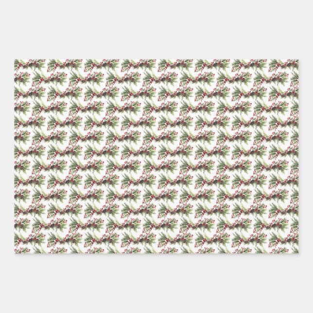 Simple classic greenery and red holly berries wrapping paper sheets (Front)
