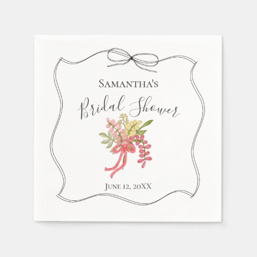 Simple Classic Hand Drawn Bow Flower Bridal Shower Napkins