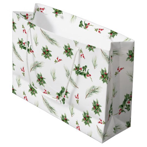 Simple Classic Holly Berry Watercolor Christmas Large Gift Bag