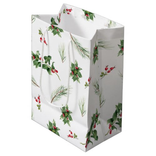 Simple Classic Holly Berry Watercolor Christmas Medium Gift Bag