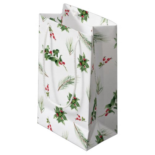 Simple Classic Holly Berry Watercolor Christmas Small Gift Bag