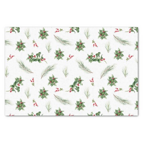 Simple Classic Holly Berry Watercolor Christmas Tissue Paper